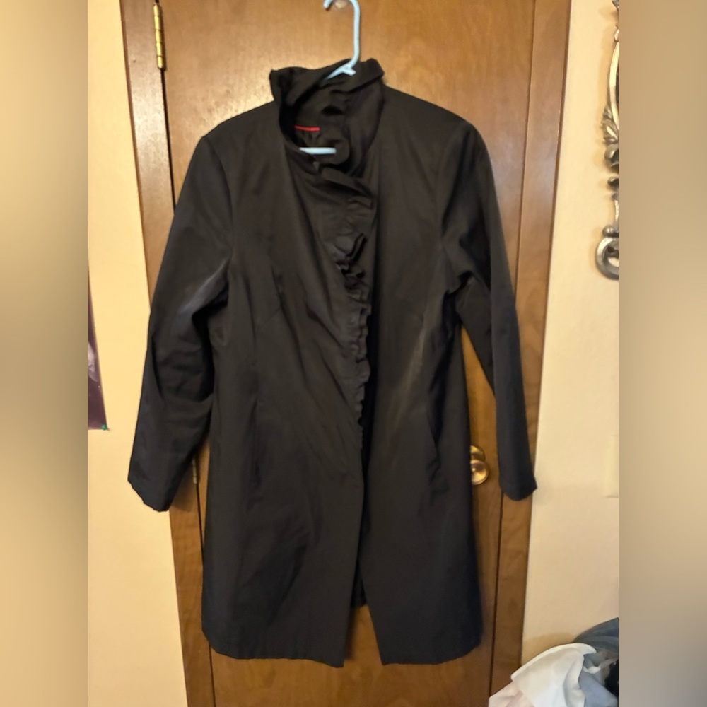 DKNY Black Trench Coat with Ruffled Placket